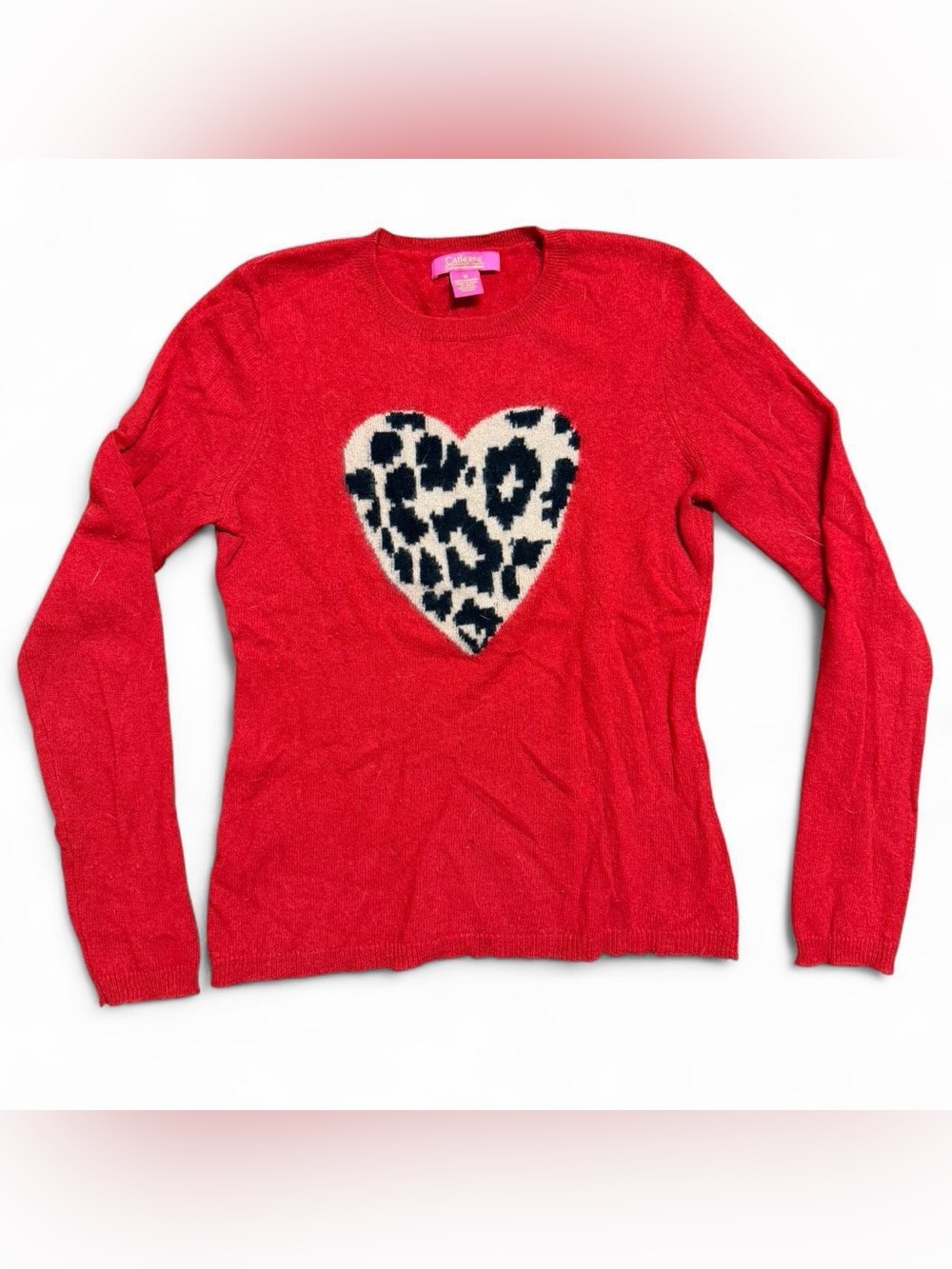 Catherine Malandrino cashmere red leopard print heart sweater Size M